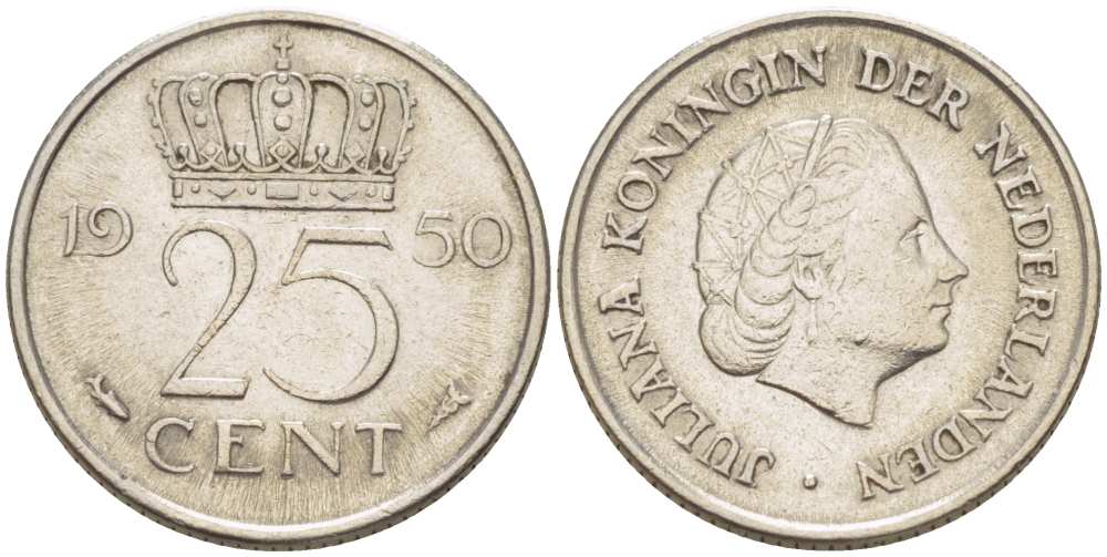 НИДЕРЛАНДЫ 25 ЦЕНТОВ 1950 КОРОЛЕВА ЮЛИАНА KM 183 никель 3955-146