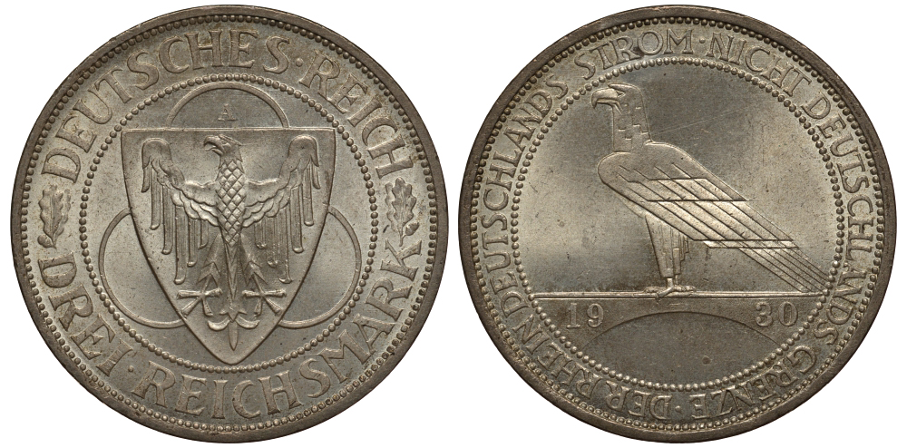 Германия 3 марки 1930 A, освобождение Рейнлянда J. 345, KM 70 серебро UNC 02-119-43