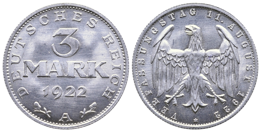 Германия 3 марки 1922 А, третья годовщина Веймарской Конституции KM 29, J. 303 алюминий 4380-742