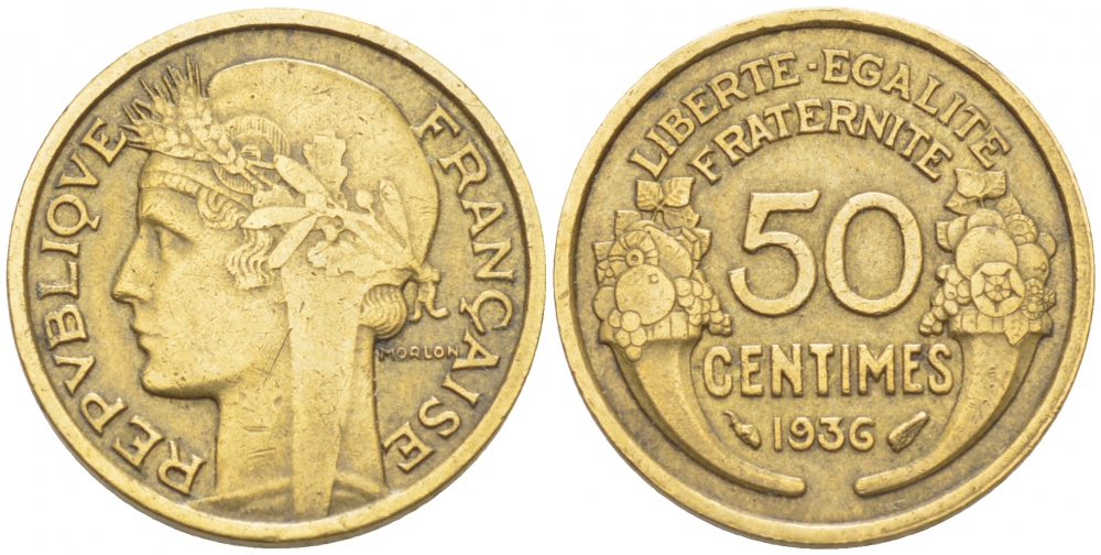 ФРАНЦИЯ 50 САНТИМОВ 1936 KM 894.1 алюминиевая бронза 3309-1033