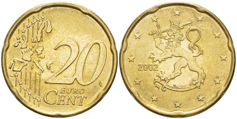 ФИНЛЯНДИЯ 20 ЕВРОЦЕНТОВ 2002 М KM 102 латунь 4543-115