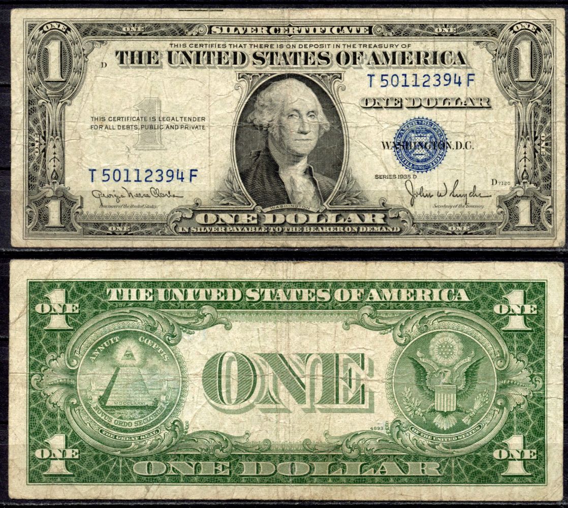 США 1 доллар 1935 D, серебряный сертификат, голубая серия Pick 416 D2 бумага 435-31-2-1