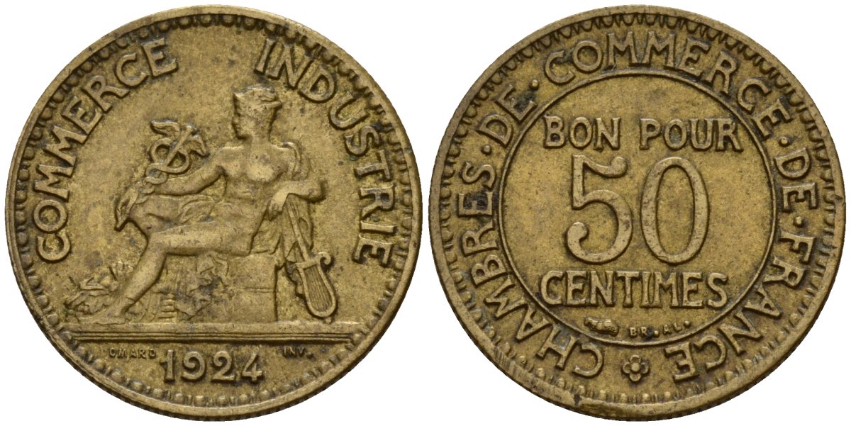 Франция 50 сантимов 1924 Тип CHAMBRES DE COMMERCE KM 884 алюминиевая бронза 4189-765