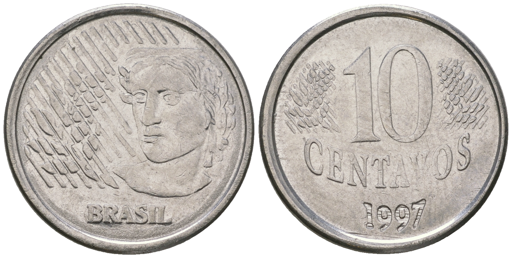 Бразилия 10 сентаво 1997 голова свободы KM 633 нержавеющая сталь 4641-344