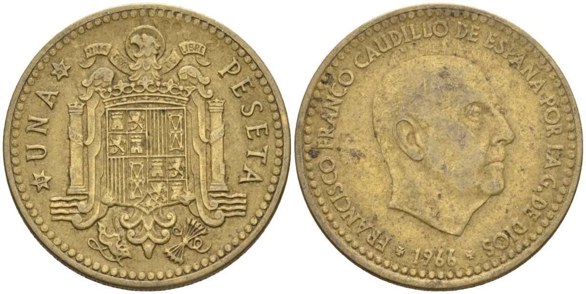 Испания 1 песета 1966 (67) Франсиско Франко (1939-1975) KM 796 алюминиевая бронза 4604-343