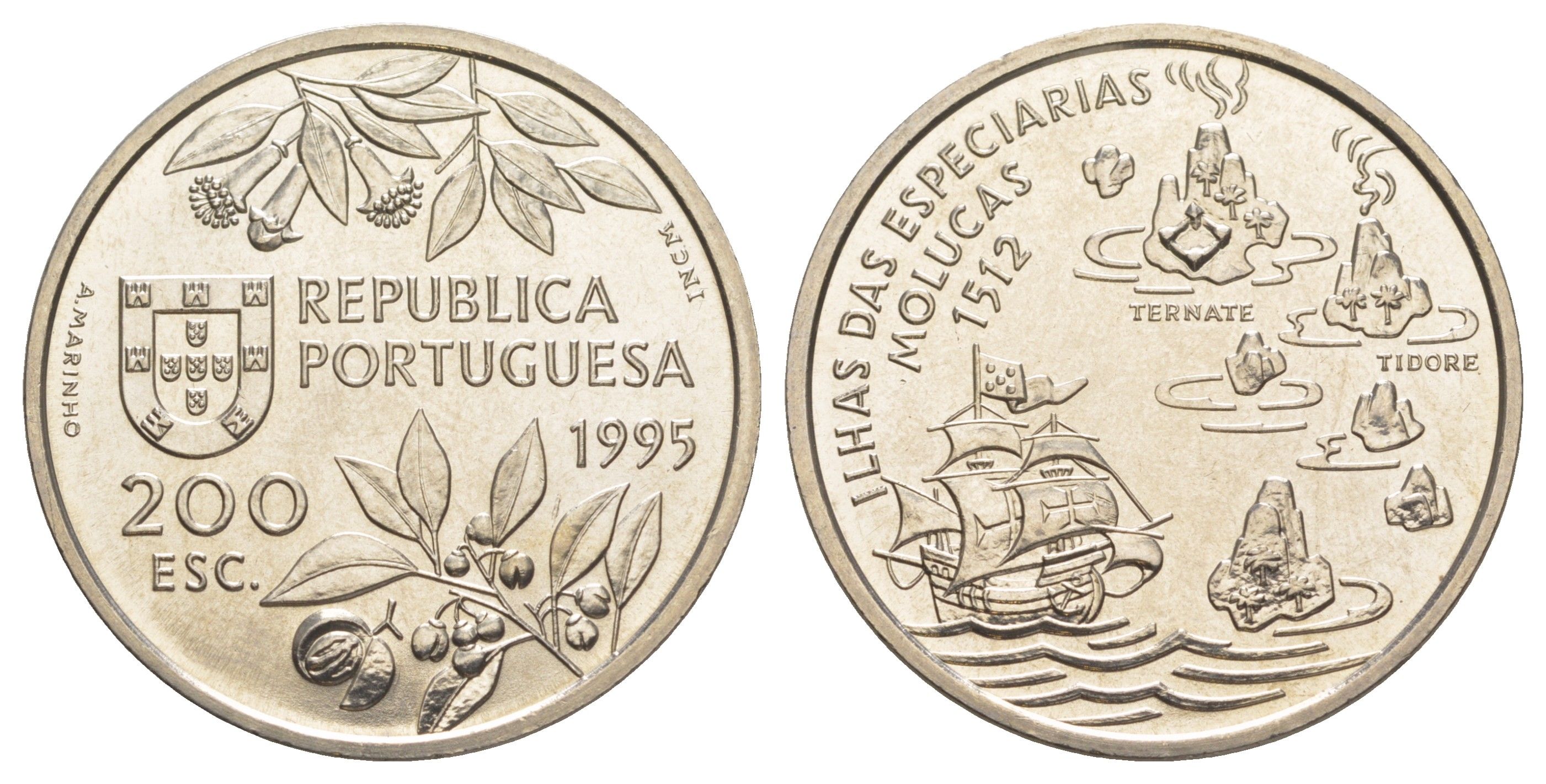 Португалия 200 эскудо 1995 Путешествие на Молуккские острова в 1512 году KM 682 медно-никель UNC 1101-3-42