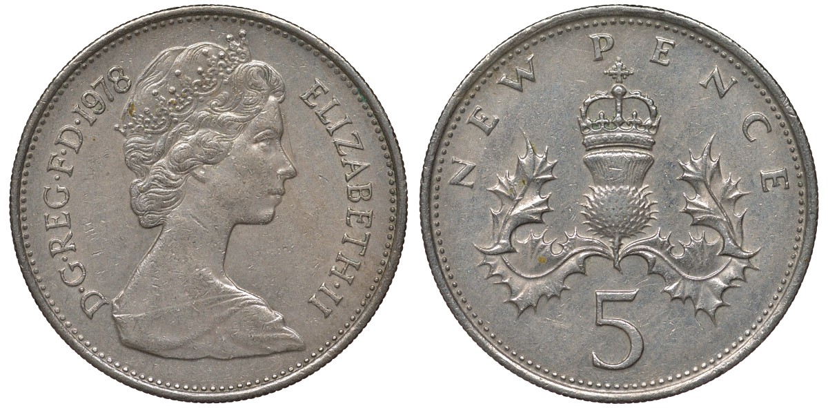 Великобритания 5 пенсов 1978 Елизавета II (1952-2022) KM 911, Spink 4233 (D1) медно-никель 4122-955