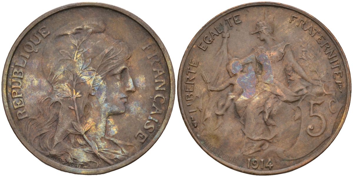 Франция 5 сантимов 1914 тип Даниэль Дюпюи KM 842, Le Franc 119.25 бронза 4126-631