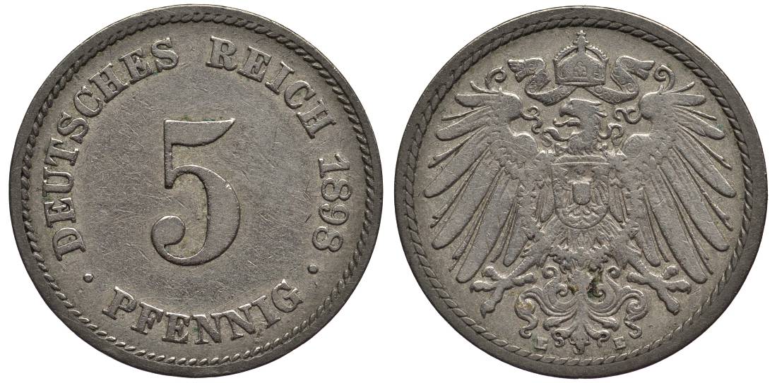 ГЕРМАНИЯ 5 ПФЕННИГОВ 1898 E KM 11, Jager 12, Weege 6 медно-никель 4547-358