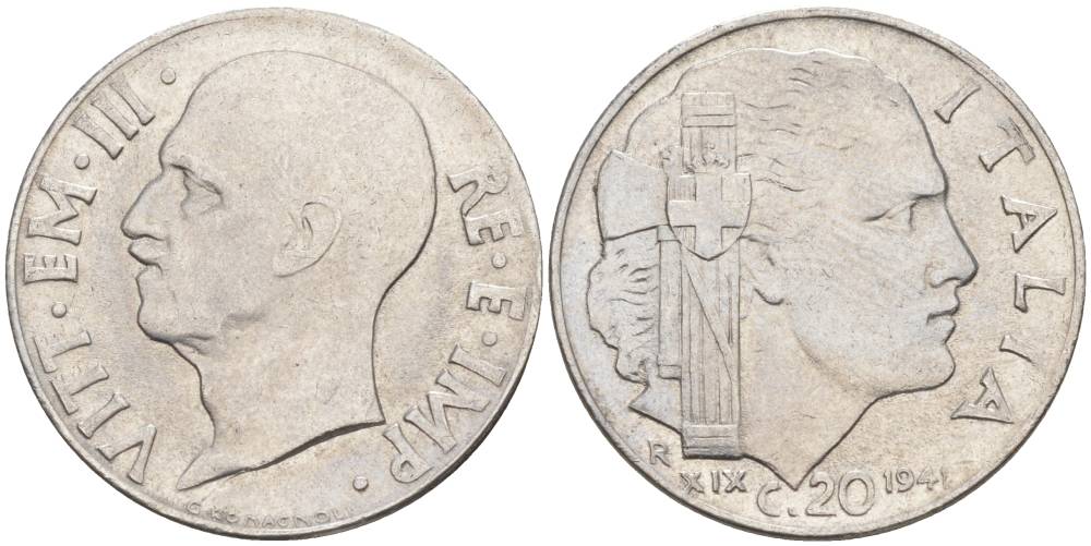 ИТАЛИЯ 20 ЧЕНТЕЗИМО 1941 R, ГОД XIX, ВИКТОР ЭММАНУИЛ III (1900-1946) KM 75b, VEM3. 1028 нержавеющая сталь 3853-735