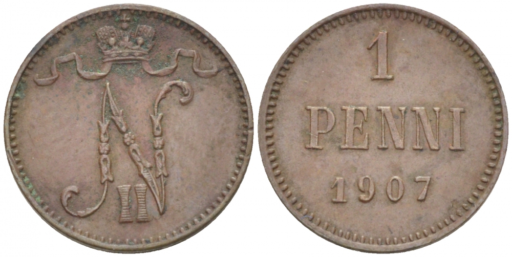 РОССИЯ ДЛЯ ФИНЛЯНДИИ 1 ПЕННИ 1907 НИКОЛАЙ II KM 13, Биткин 468 медь 4396-1328