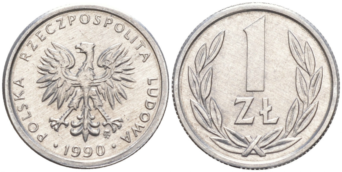 ПОЛЬША 1 ЗЛОТЫЙ 1990 MW KM 49.3 алюминий UNC 4516-621