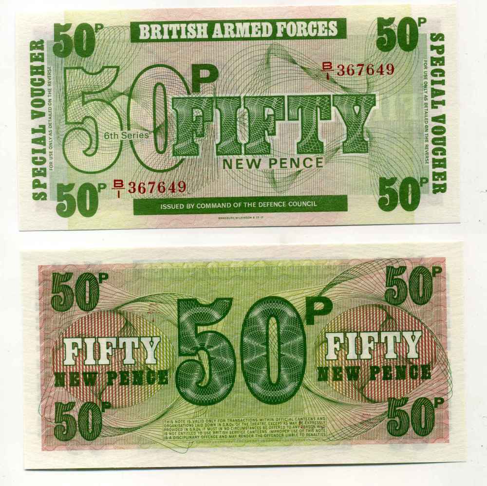 АНГЛИЯ 50 ПЕНСОВ 1972 ДЛЯ ВООРУЖЕННЫХ СИЛ, 6 СЕРИЯ, BRADBURY WILKJSON @ Co Pick М46 бумага UNC (ПРЕСС) 8589-24-1-2