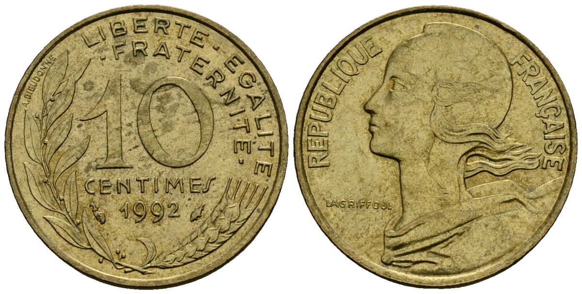 Франция 10 сантимов 1992 тип Marianne KM 929 алюминиевая бронза 4136-432
