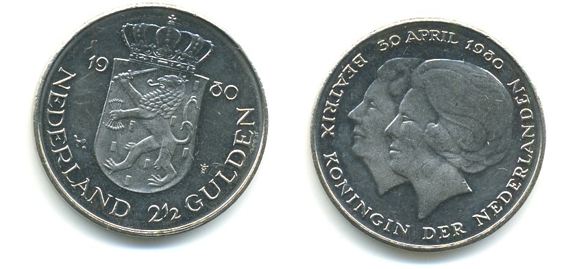 Нидерланды 2 1/2 гульдена 1980 коронация Беатрикс, 30 апреля 1980 KM 201 никель 84-1226