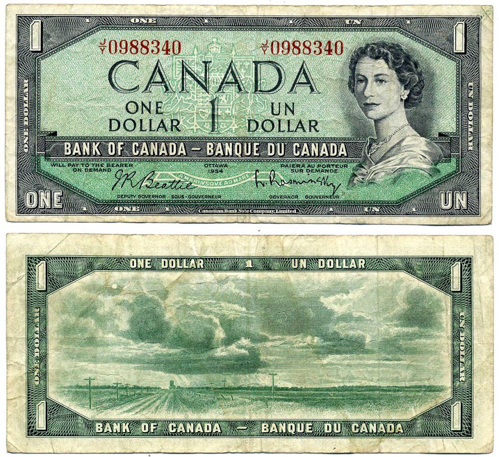 Канада 1 доллар 1954 подписи Beattie & Rasminsky, CBNC Pick 74b бумага 445-70-3-1