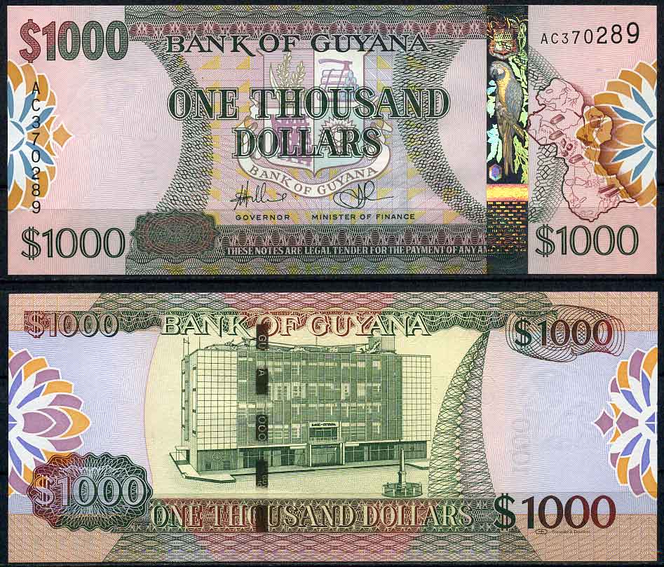 Гайана 1000 долларов ND (2011-2019) серия AC, здание Банка Гайаны Pick 38 (1) бумага UNC (пресс) 447-57-3