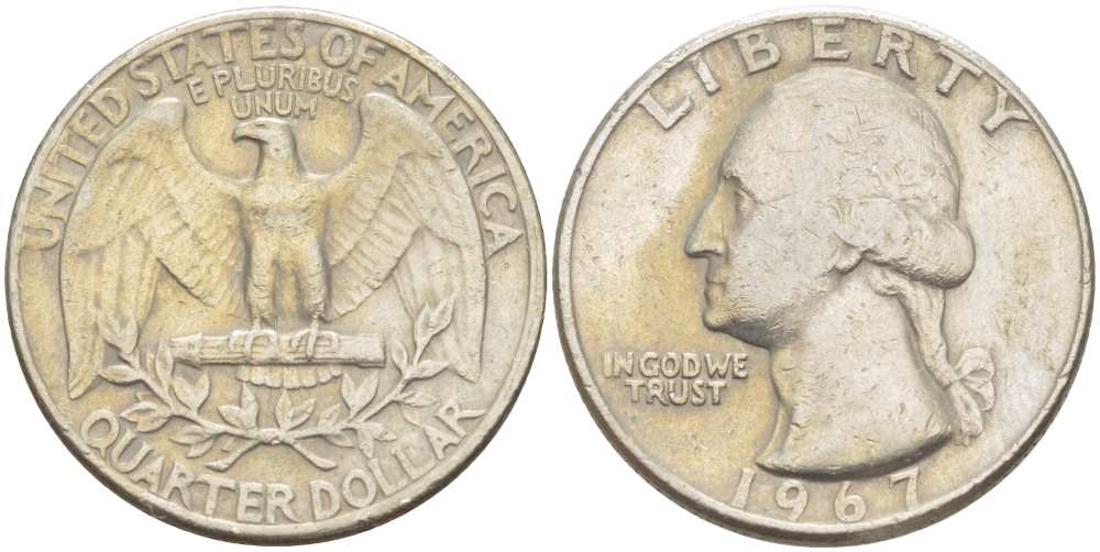 США 25 центов (квотер) 1967 Вашингтон KM 164a медь плакированная медно-никелем 4402-335
