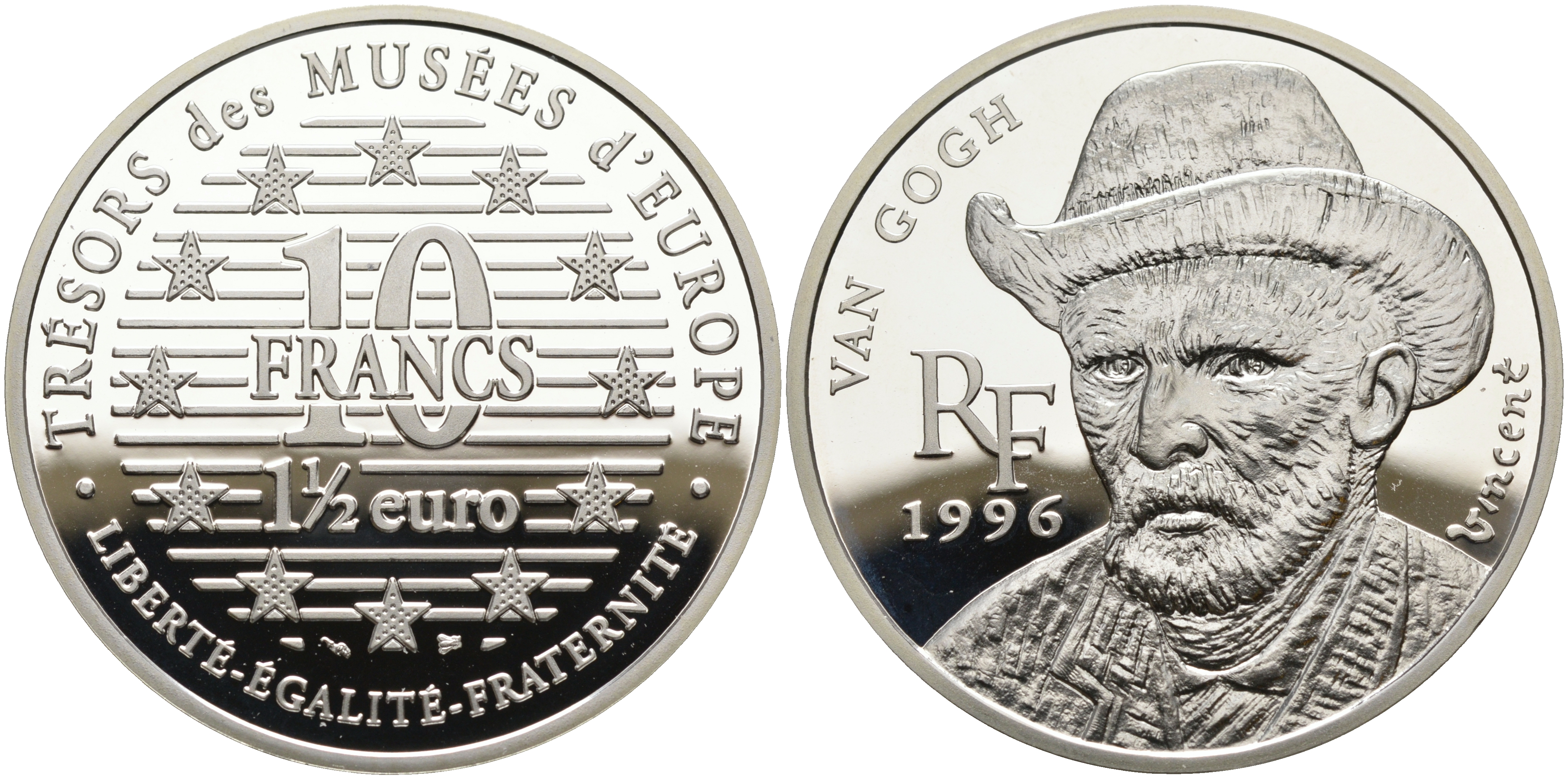 Франция 10 франков = 1 1/2 евро 1996 серия сокровища музеев Европы, Винсент Ван Гог KM 1147 серебро  PROOF 05-095-31