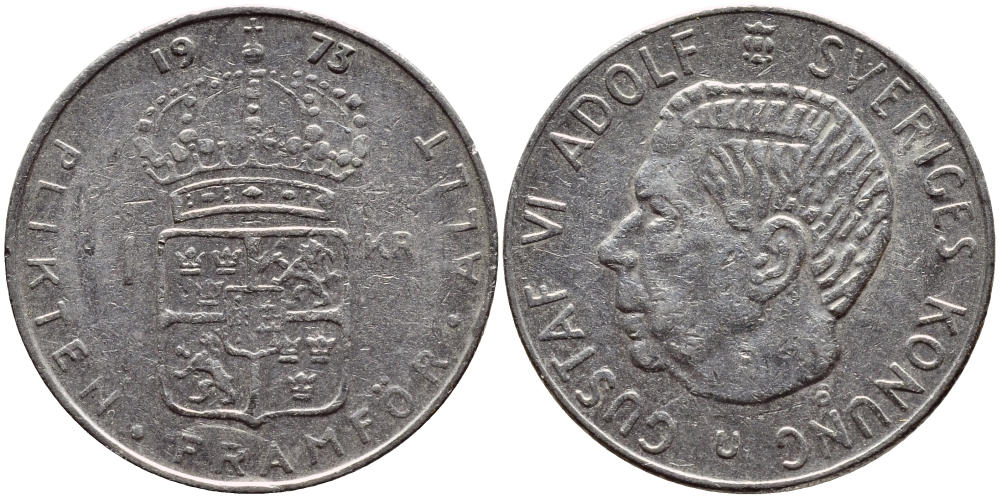 Швеция 1 крона 1973 Густав VI Адольф (1950-1973) KM 826а медь плакированная медно-никелем 4395-244