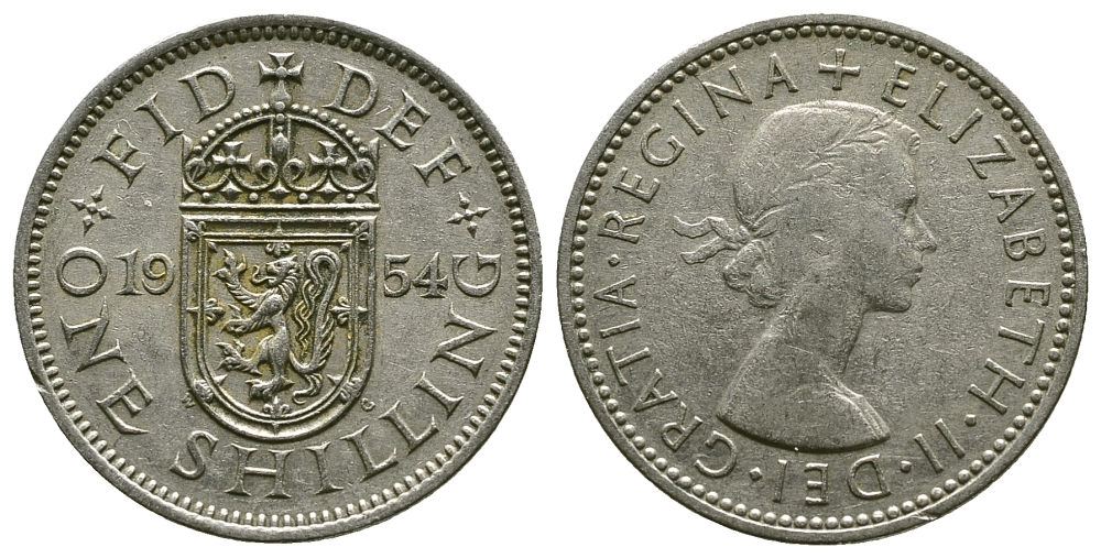 Великобритания 1 шиллинг 1954 Елизавета II (1952-2022), Шотландский герб KM 905, Spink 4148 медно-никель 4384-536