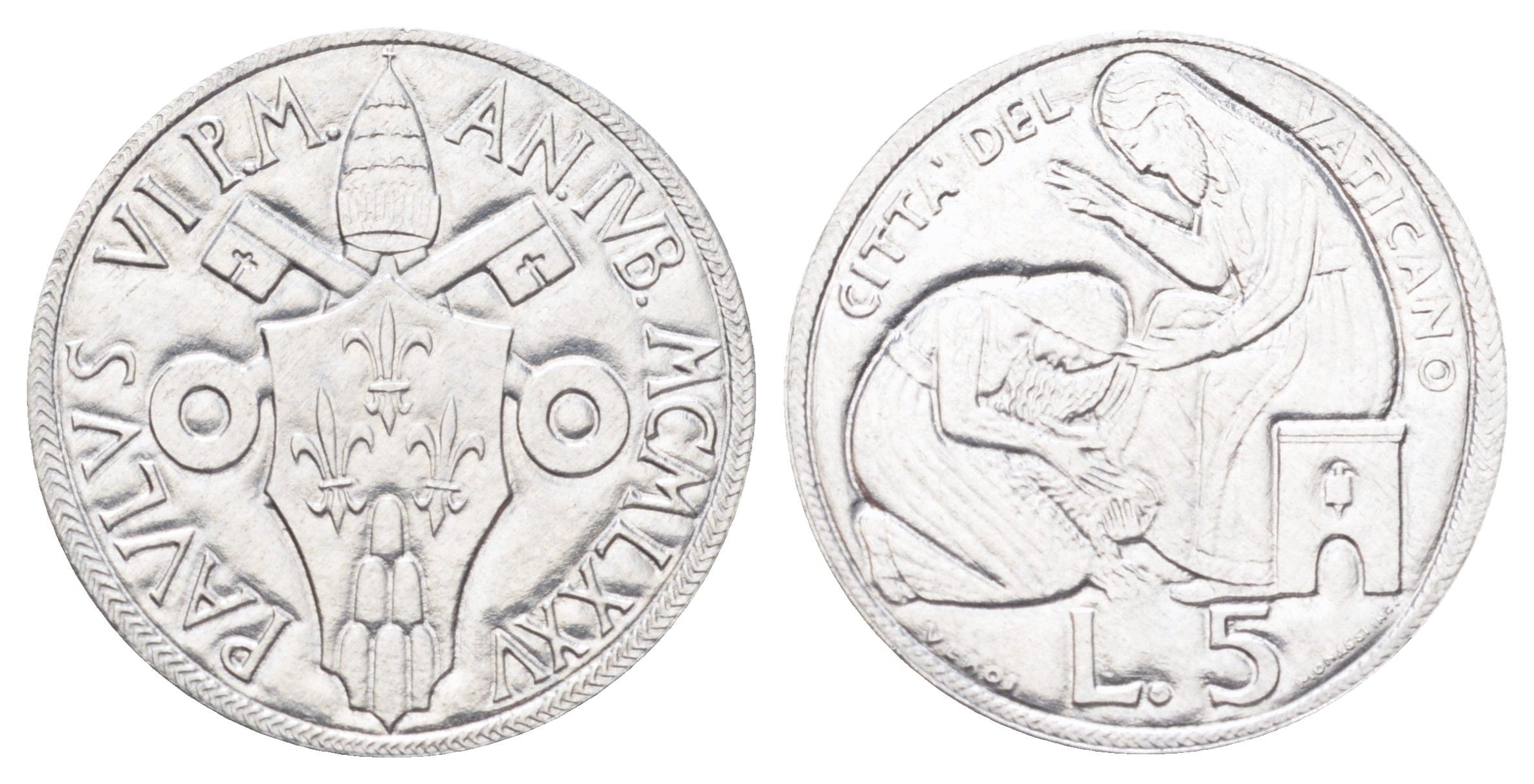 Ватикан 5 лир 1975 MCMLXXV, Священный год, Павел Vi, год-тип KM 126 алюминий UNC 4701-527