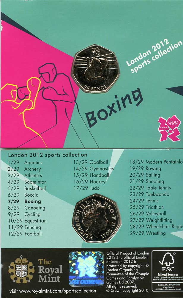 Великобритания 50 пенсов 2011 XXX летние Олимпийские игры в Лондоне в 2012 году, бокс, в оригинальном картонном буклете, с Олимпийской голограммой (7/29) KM 1175 медно-никель  UNC  3-6-6-10