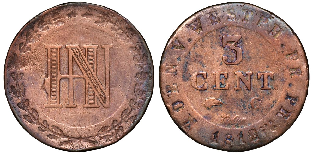 Вестфалия 3 цента 1812 C, Жером Бонапарт (1807-1813) KM 92 медь    175-225