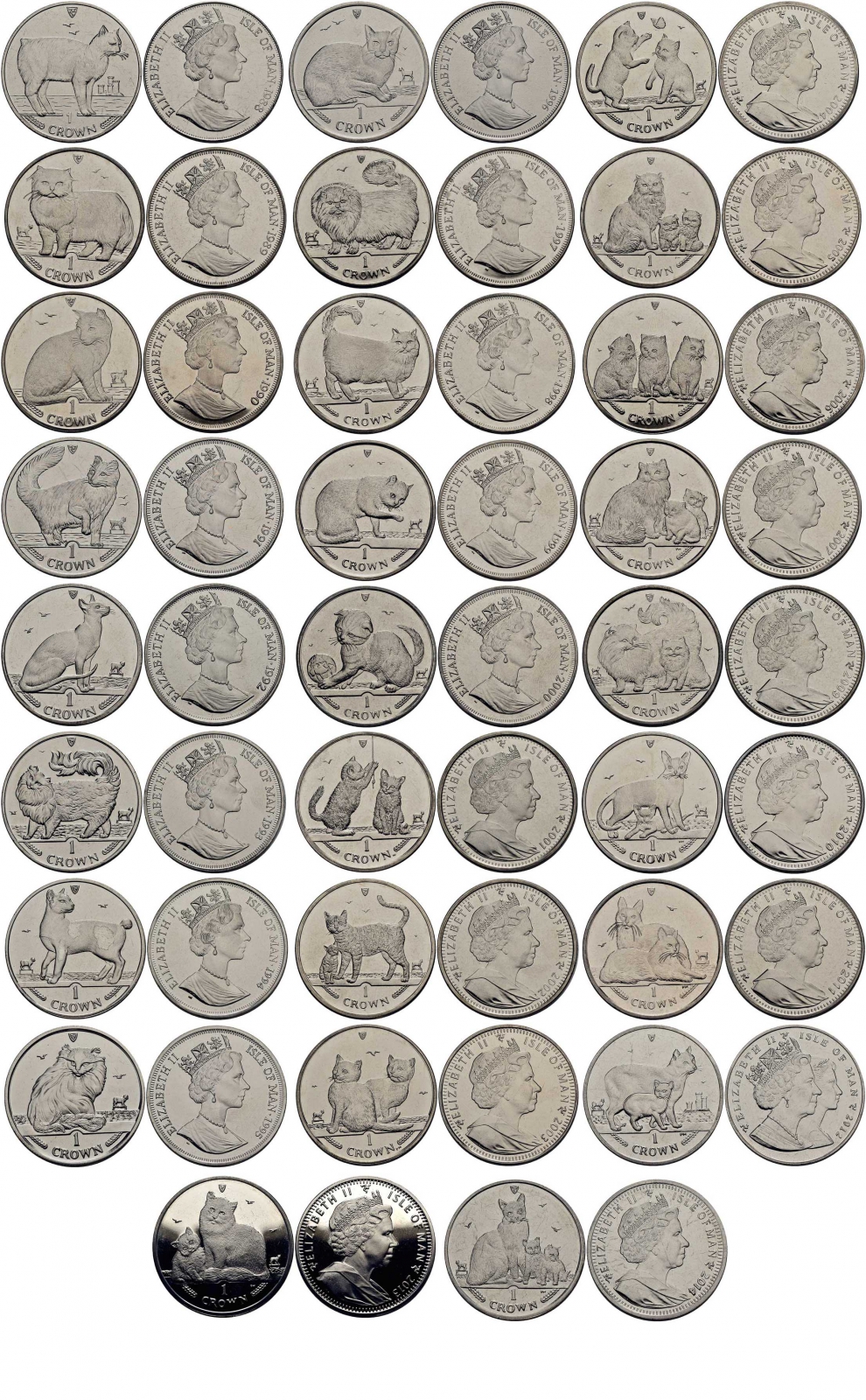Остров Мэн коллекция из 26 монет по 1 кроне 1988-2014 кошки Мэна (нет 2008) медно-никель UNC M91-21