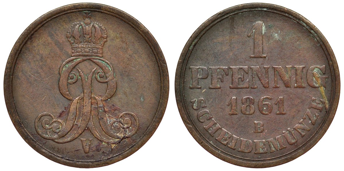 Ганновер 1 пфенниг 1861 B, Георг V KM 233, AKS 156, J. 90 медь 4594-267