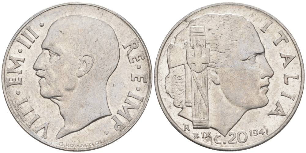 ИТАЛИЯ 20 ЧЕНТЕЗИМО 1941 R, ГОД XIX, ВИКТОР ЭММАНУИЛ III (1900-1946) KM 75b, VEM3. 1028 нержавеющая сталь 3853-914