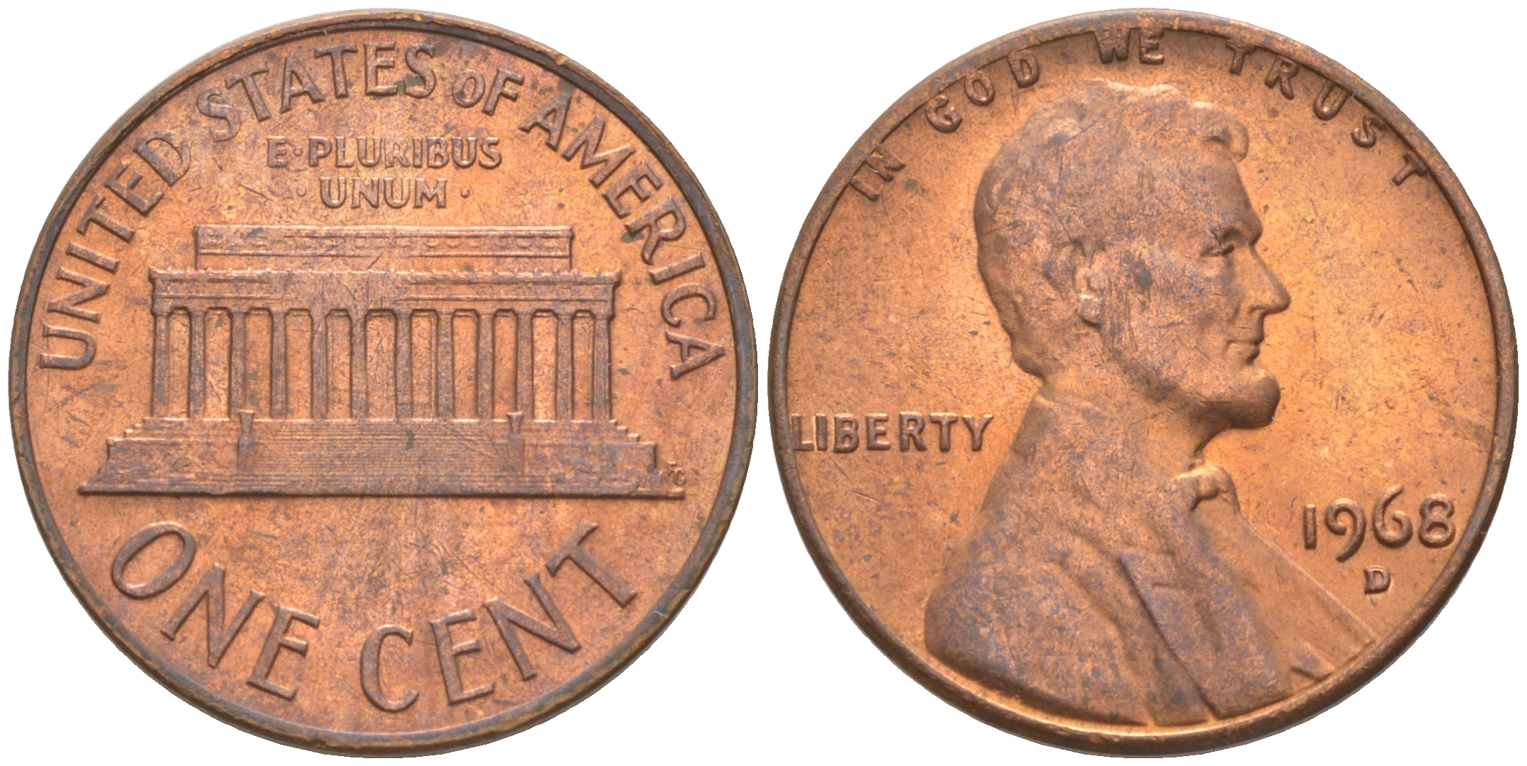 США 1 ЦЕНТ 1968 D, ЛИНКОЛЬН KM 201 медь цинк 187-1154