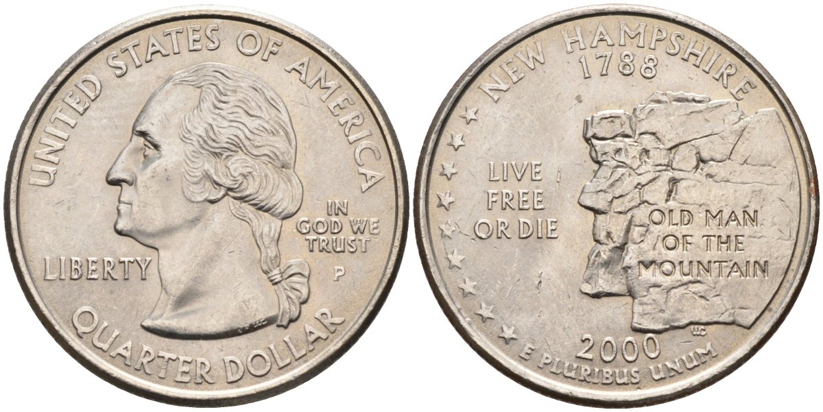 США 25 центов = квотер 2000 Р, серия штаты США, Нью-Гэмпшир KM 308 медь плакированная медно-никелем 4586-141