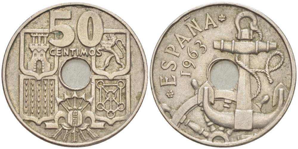 ИСПАНИЯ 50 СЕНТИМО 1963 (64) ФРАНСИСКО ФРАНКО ДИКТАТОР ИСПАНИИ (1939- 1975), МОРСКАЯ АТРИБУТИКА KM 777 медно-никель 4523-847