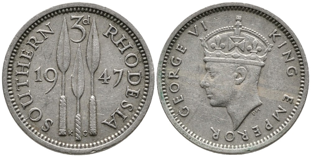 Британская Южная Родезия 3 пенса 1947 Георг VI (1936-1952) KM 16b медно-никель 4532-232