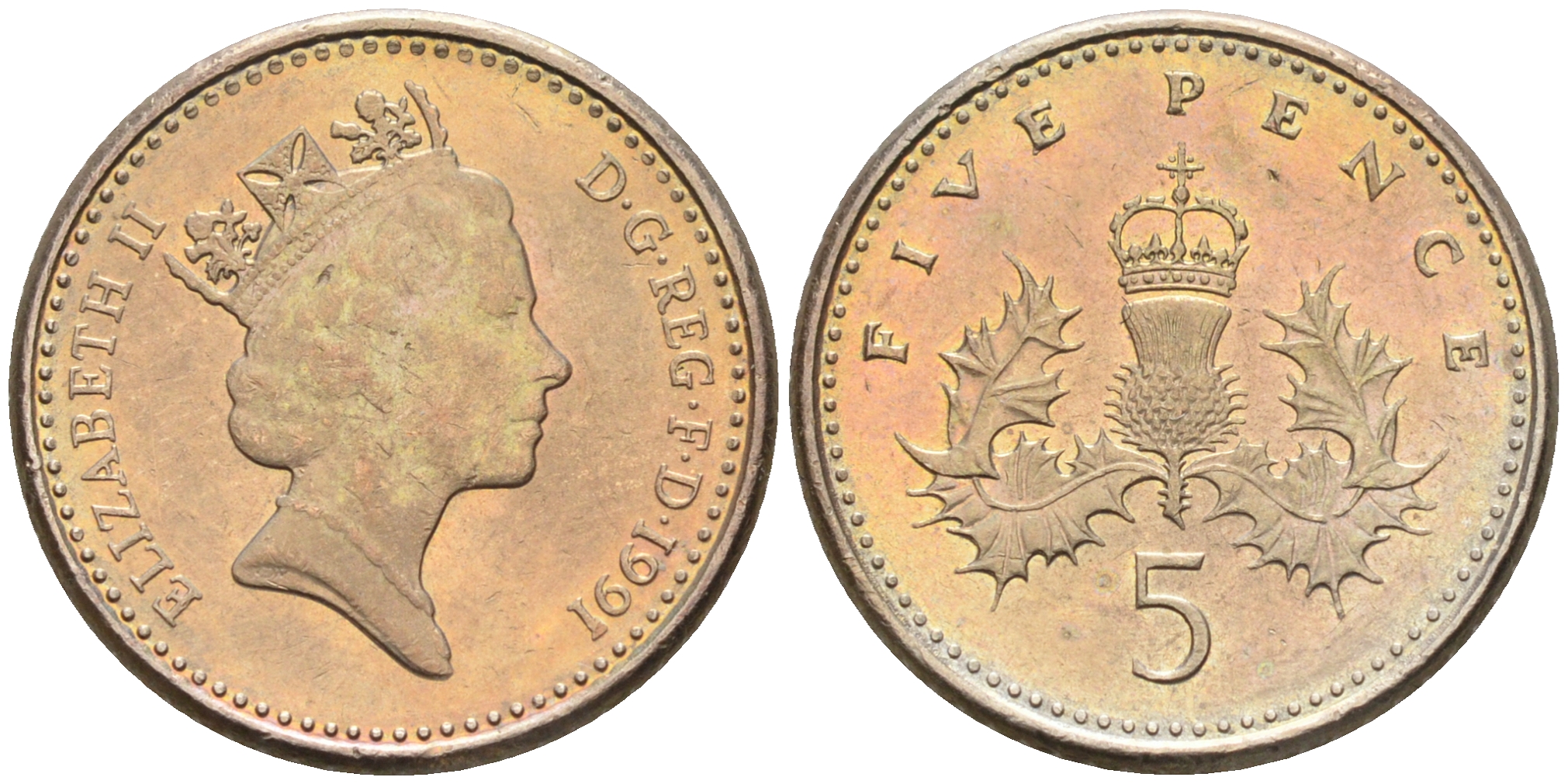 Великобритания 5 пенсов 1991 Елизавета II (1952-2022) KM 937b, Spink 4372 (D4) медно-никель 4588-566