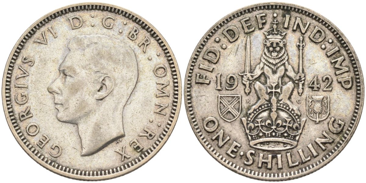 Великобритания 1 шиллинг 1942 Георг VI (1936-1952), Шотландский герб KM 854, Spink 4083 серебро 4126-351