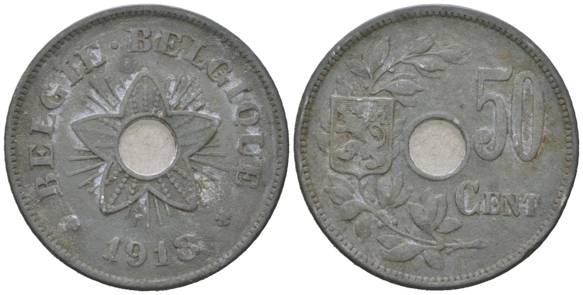 Бельгия 50 сантимов 1918 германская оккупация первая мировая война, Альберт I (1910-1934) KM 83 цинк 4616-357