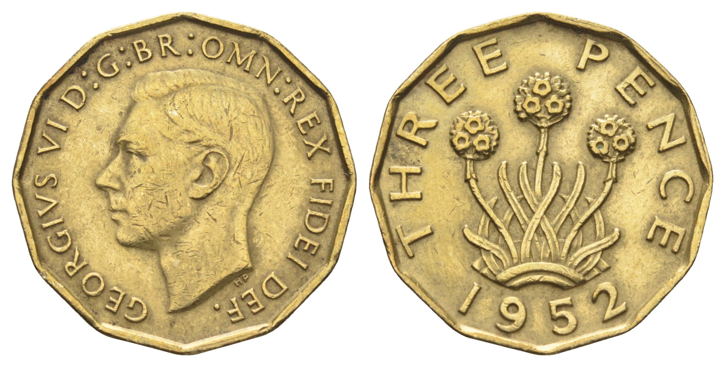 Великобритания 3 пенса 1952 Георг VI (1936-1952) KM 873, Spink 4113 никель латунь 4698-1021