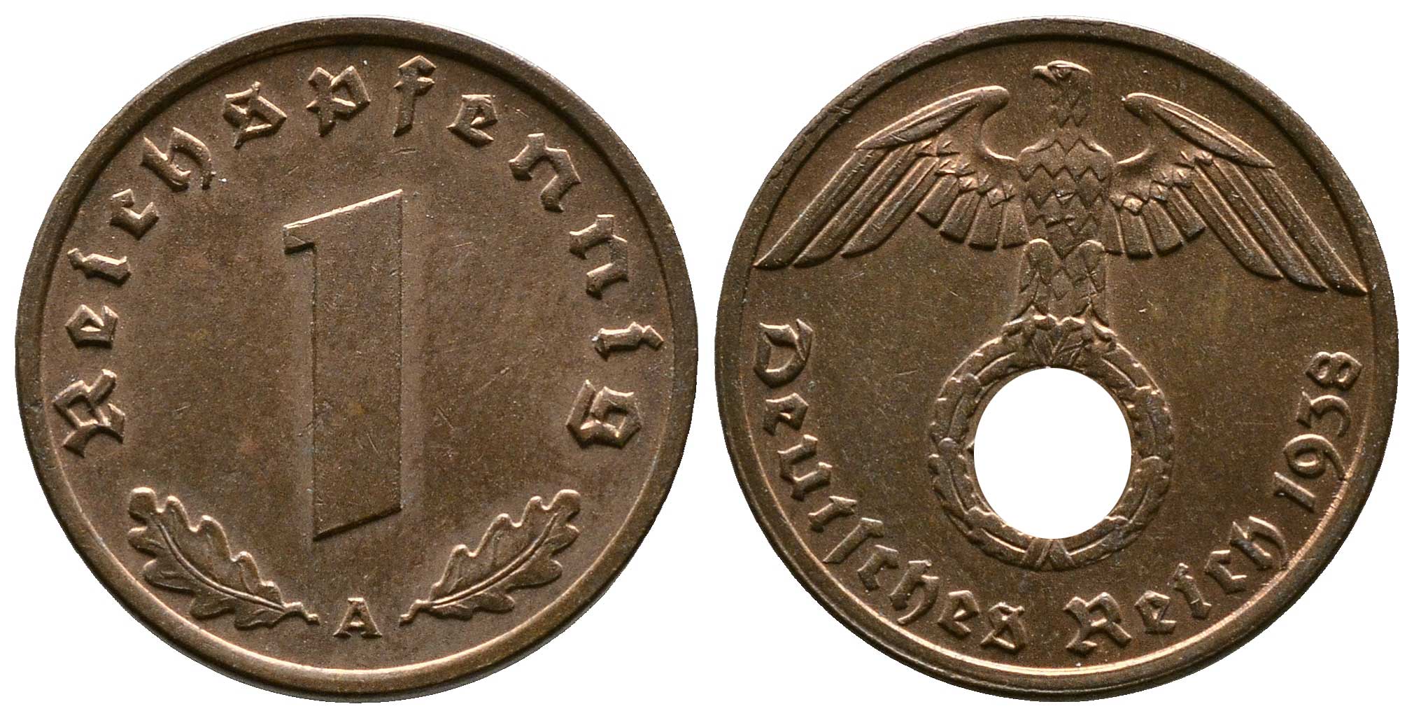 Германия 1 рейхспфенниг 1938 A KM 89, J. 361 бронза    220-254
