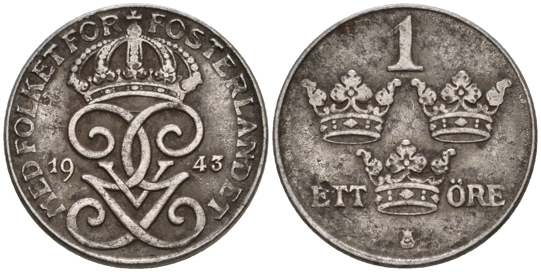 Швеция 1 эре 1943 Густав V (1907-1950) KM 810 железо 4608-349