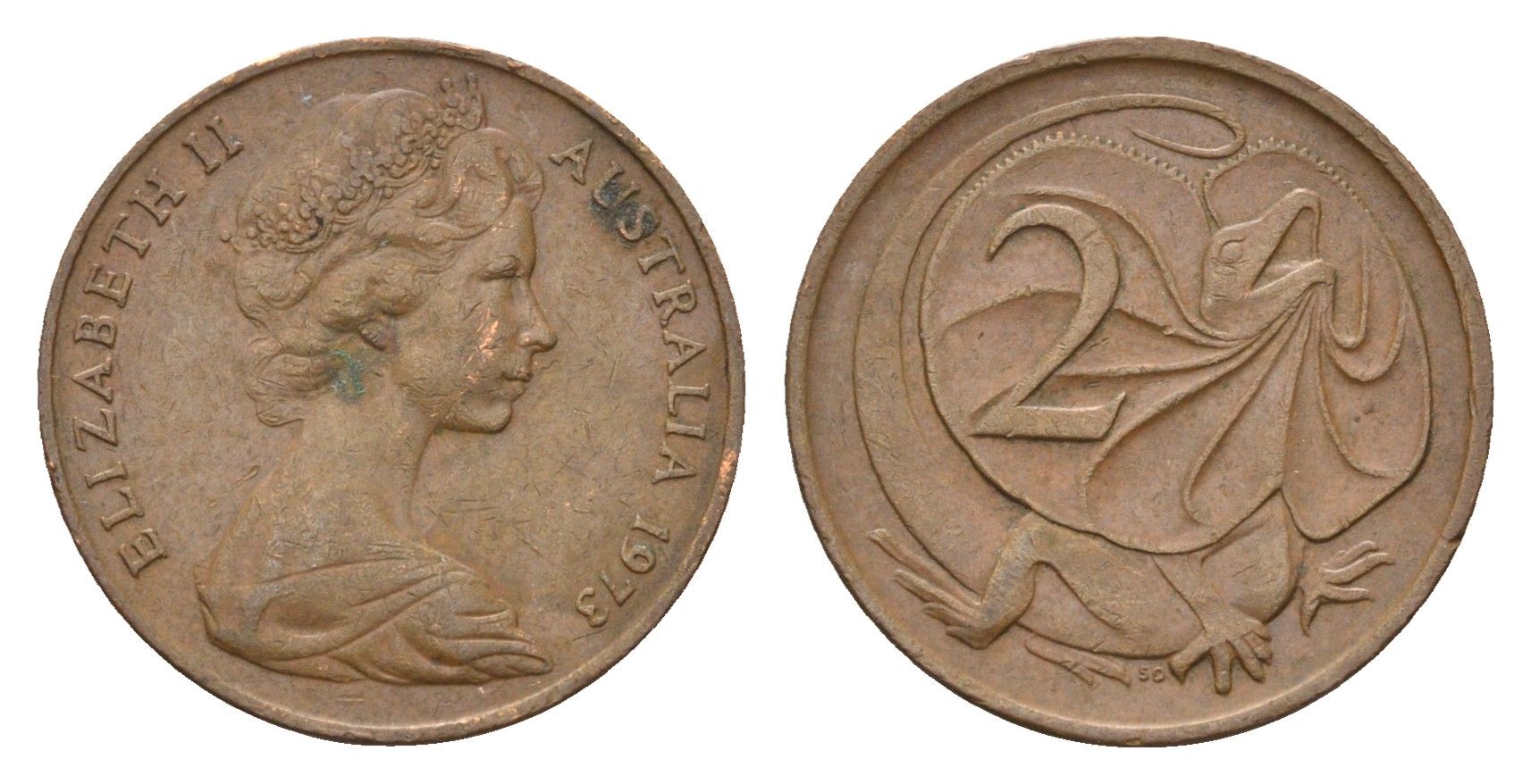 Австралия 2 цента 1973 Елизавета II (1952-2022), плащеносная ящерица KM 63 бронза 4187-1226