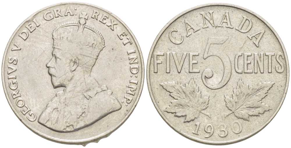 КАНАДА 5 ЦЕНТОВ 1930 ГЕОРГ V KM 29 никель 4448-923