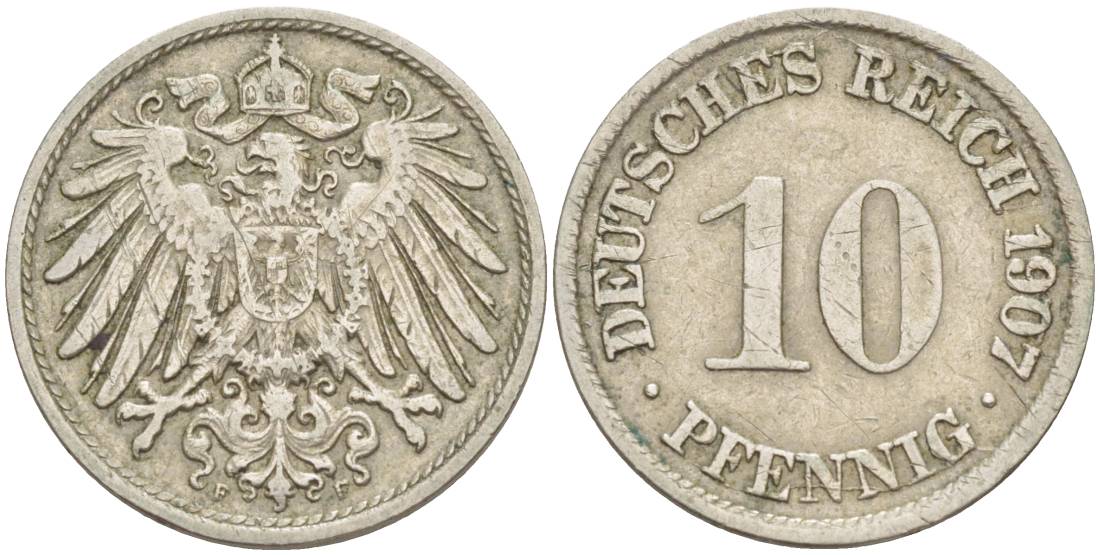 Германия 10 пфеннигов 1907 F KM 12, Jager 13, Weege 8 медно-никель 219-134