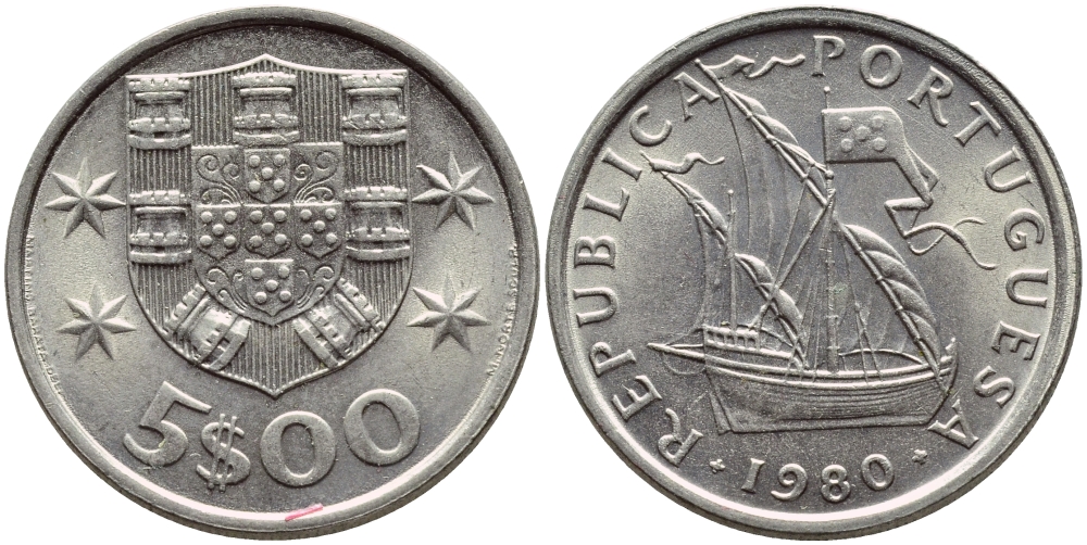 ПОРТУГАЛИЯ 5 ЭСКУДО 1980 ПАРУСНИК KM 591 медно-никель 4395-914