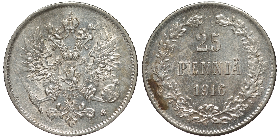 Россия для Финляндии 25 пенни 1916 S, Николай II (1894-1917) KM 6.2, Биткин 421 серебро 75-1362