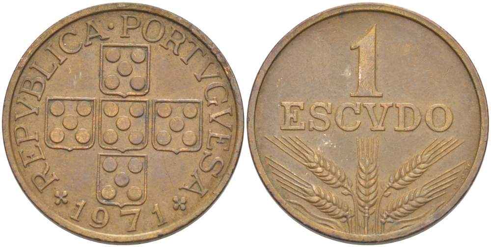 Португалия 1 эскудо 1971 KM 597 бронза 4521-1246