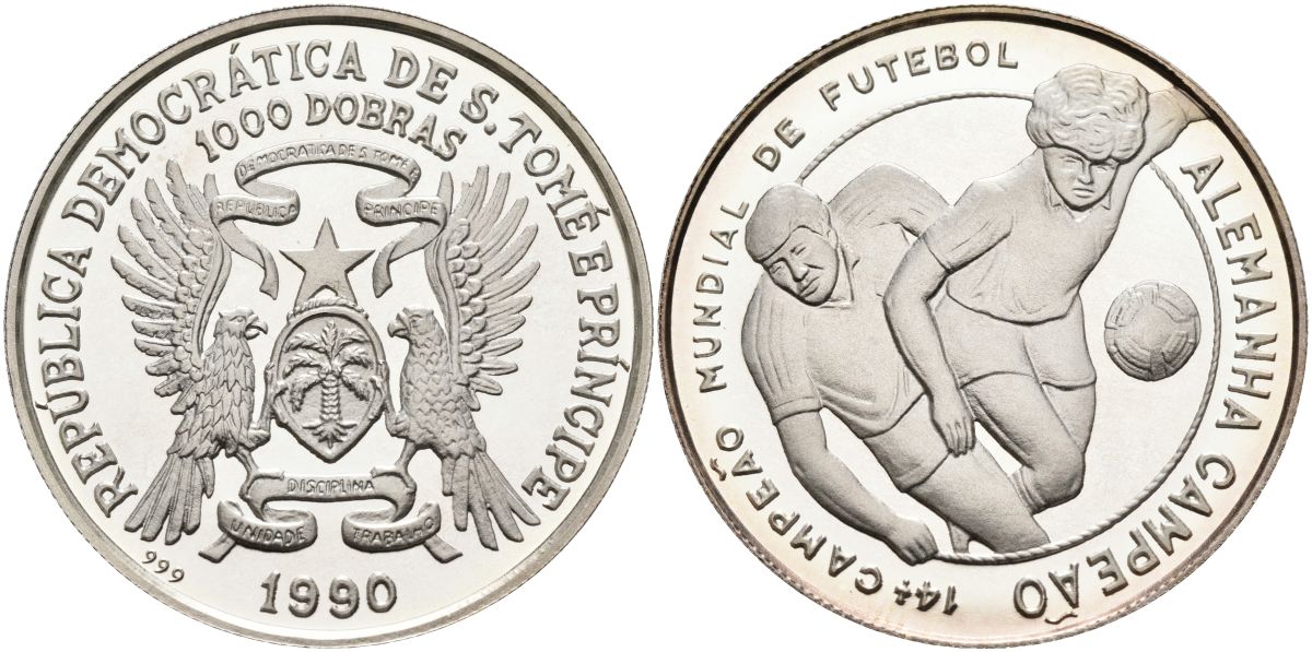 Сан-Томе и Принсипи 1000 добра 1990 чемпионат мира по футболу в Германии, два игрока KM 48 серебро PROOF 04-138-11
