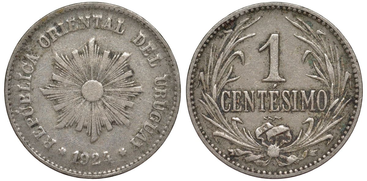 Уругвай 1 сентесимо 1924 KM 19 медно-никель 4169-637