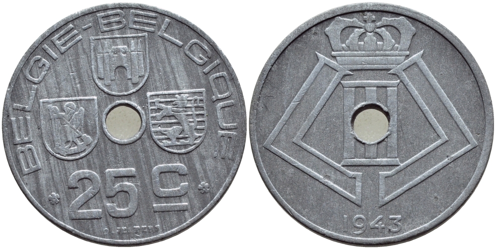 БЕЛЬГИЯ 25 САНТИМОВ 1943 BELGIE-BELGIQUE, ГЕРМАНСКАЯ ОККУПАЦИЯ, ВТОРАЯ МИРОВАЯ ВОЙНА KM 132 цинк 86-1225
